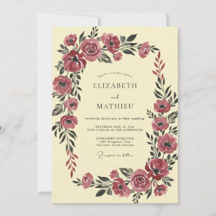Invitación Boda de ranúnculo crema Borgoña con eucalipto