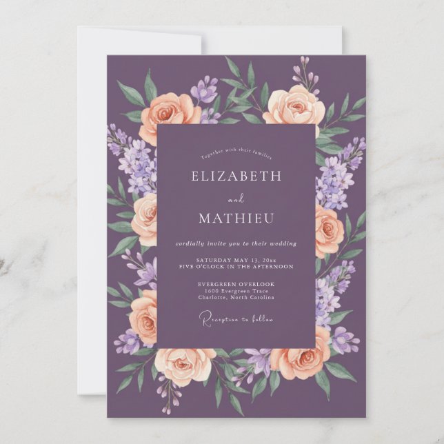 Invitación Boda de Ranúnculo de Albaricoque Ciruela Muted Euc (Anverso)