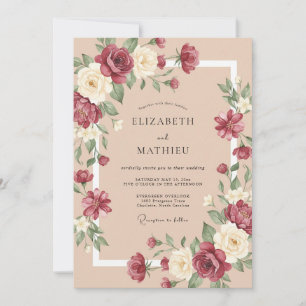 Invitación Boda de ranúnculo de champán de Borgoña con eucali