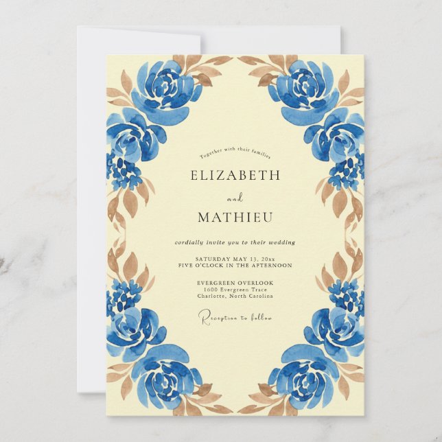 Invitación Boda de Ranúnculo de Cobalto y Eucalipto (Anverso)