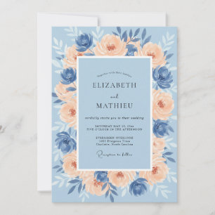 Invitación Boda de ranúnculo de coral cerúleo y eucalipto