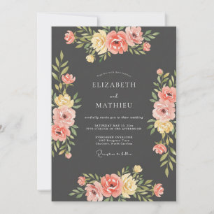 Invitación Boda de ranúnculo de coral con eucalipto y carbón