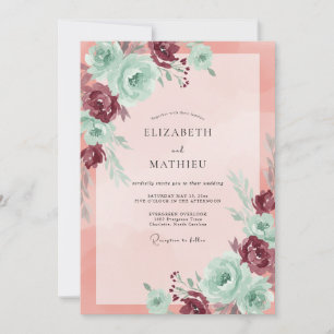 Invitación Boda de ranúnculo de coral de Borgoña y eucalipto