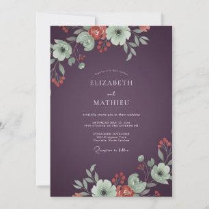 Invitación Boda de ranúnculo de coral de ciruela profunda y e