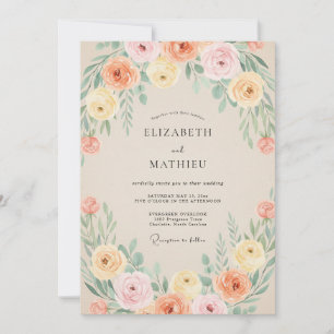 Invitación Boda de ranúnculo de coral de melocotón y eucalipt
