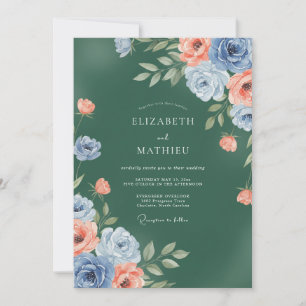 Invitación Boda de ranúnculo de coral esmeralda eucalipto