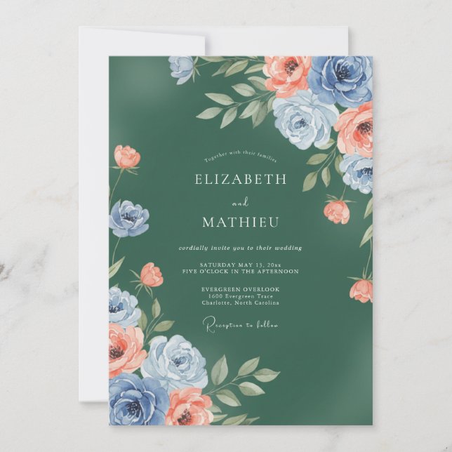 Invitación Boda de ranúnculo de coral esmeralda eucalipto (Anverso)