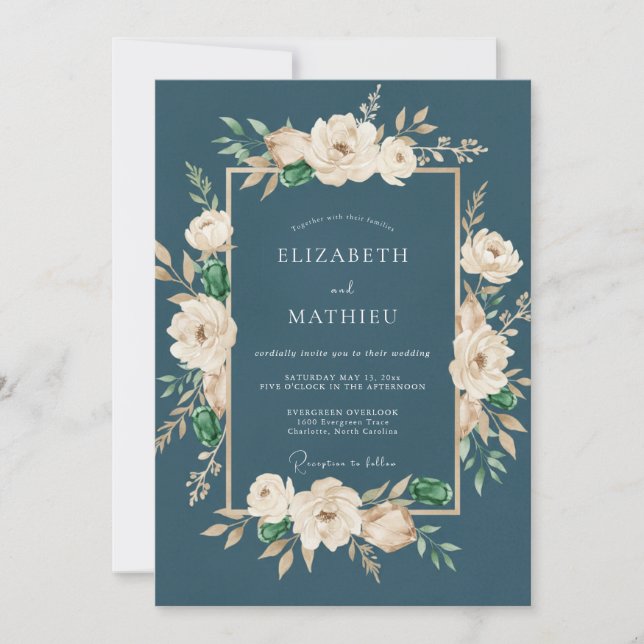 Invitación Boda de ranúnculo de crema de pizarra y eucalipto (Anverso)
