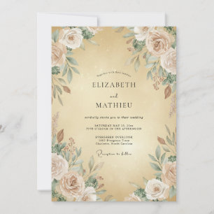 Invitación Boda de Ranúnculo de Crema Suave Dorada y Eucalipt