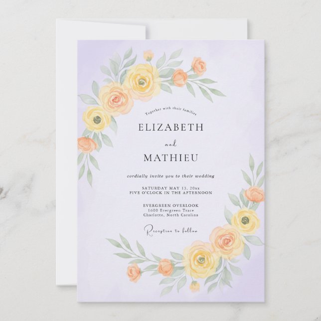 Invitación Boda de ranúnculo de eucalipto amarillo lavanda (Anverso)