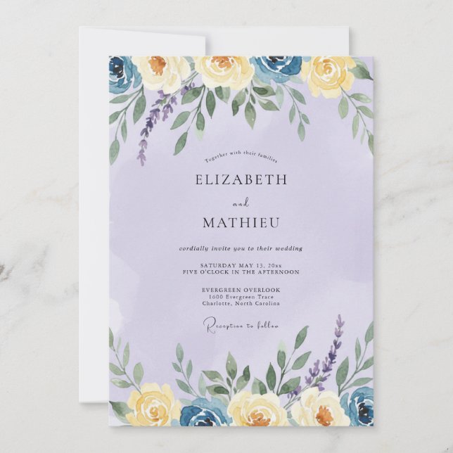 Invitación Boda de ranúnculo de eucalipto amarillo pervinca (Anverso)