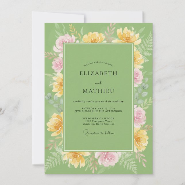 Invitación Boda de ranúnculo de eucalipto amarillo pistacho (Anverso)