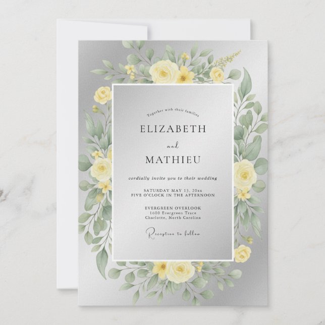 Invitación Boda de ranúnculo de eucalipto amarillo plateado (Anverso)