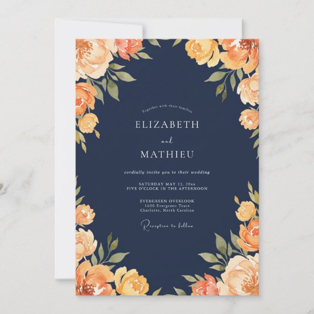 Invitación Boda de ranúnculo de eucalipto ámbar de medianoche (Anverso)