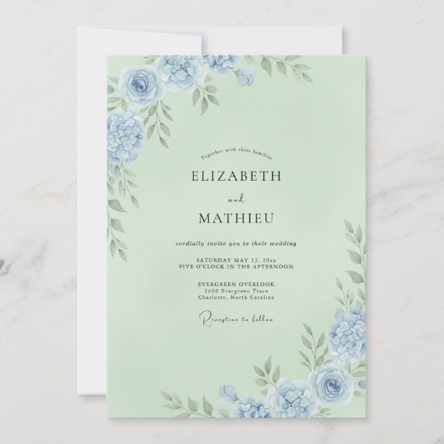Invitación Boda de ranúnculo de eucalipto azul menta (Anverso)