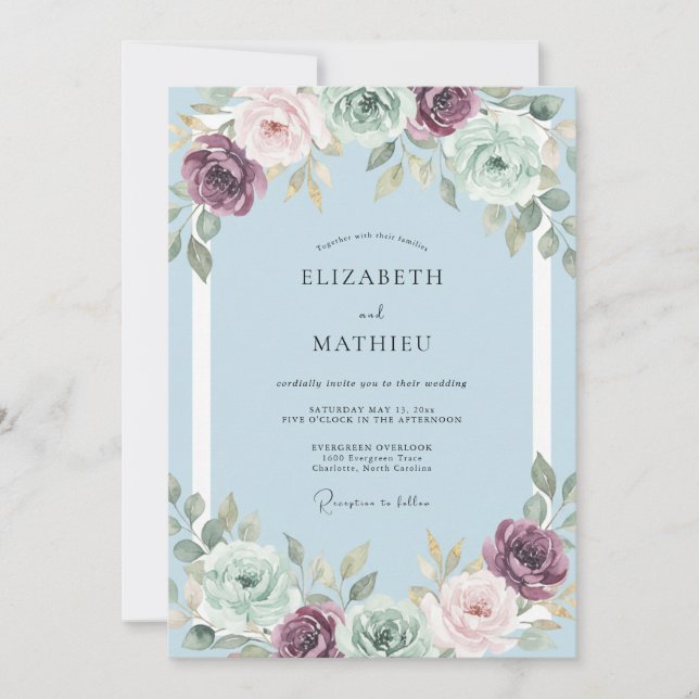 Invitación Boda de ranúnculo de eucalipto azul polvo (Anverso)