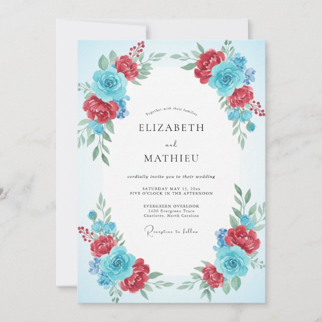 Invitación Boda de ranúnculo de eucalipto azul rubí (Anverso)