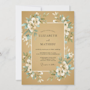 Invitación Boda de ranúnculo de eucalipto azul verdoso dorado