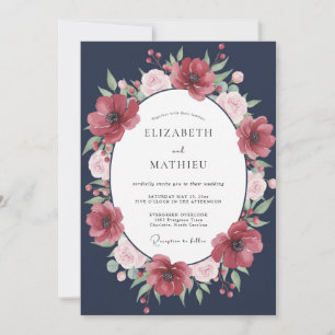 Invitación Boda de ranúnculo de eucalipto carmesí de medianoc