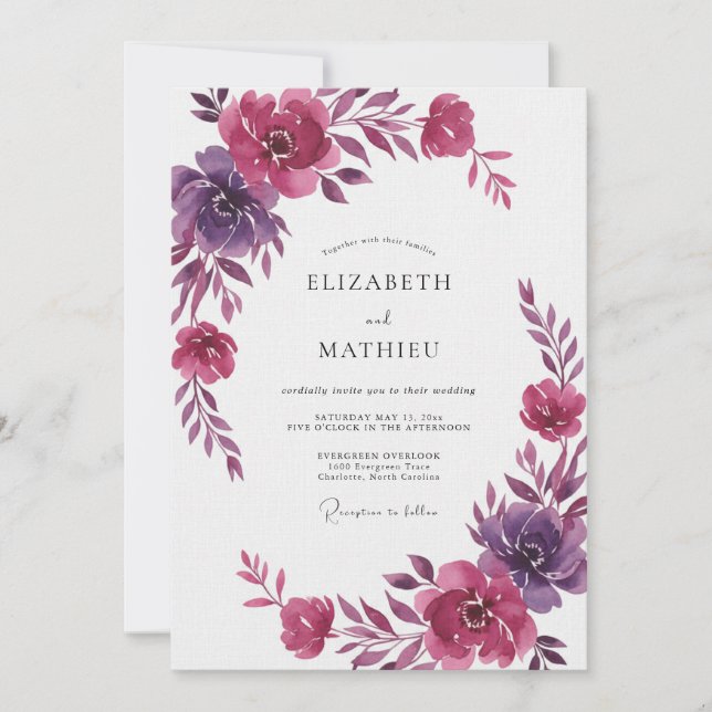 Invitación Boda de ranúnculo de eucalipto ciruela magenta (Anverso)