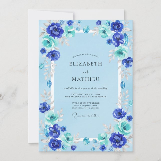 Invitación Boda de ranúnculo de eucalipto cobalto azul (Anverso)