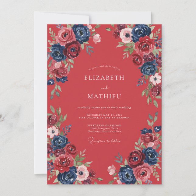 Invitación Boda de ranúnculo de eucalipto cobalto carmesí (Anverso)