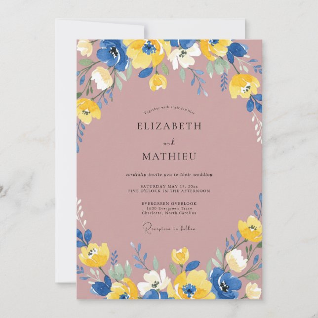 Invitación Boda de ranúnculo de eucalipto cobalto malva (Anverso)