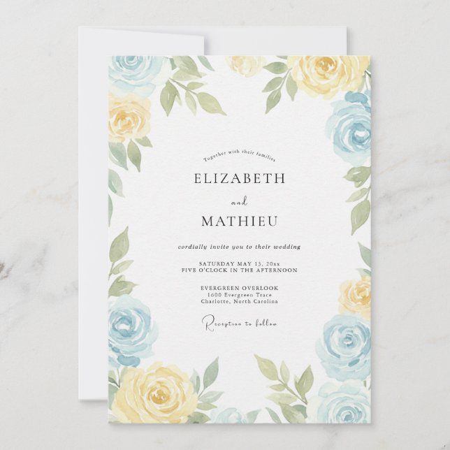 Invitación Boda de ranúnculo de eucalipto con cielo amarillo  (Anverso)