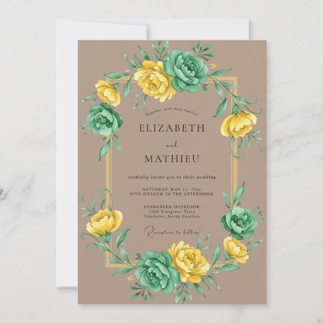Invitación Boda de ranúnculo de eucalipto con menta amarilla (Anverso)