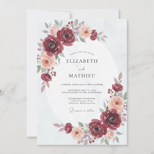 Invitación Boda de ranúnculo de eucalipto con toque de borgoñ (Anverso)