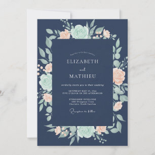 Invitación Boda de ranúnculo de eucalipto coral de medianoche