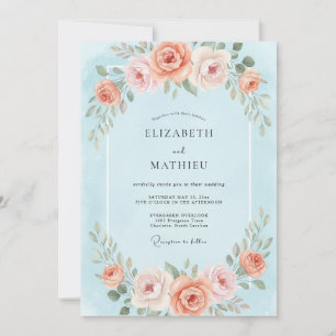 Invitación Boda de ranúnculo de eucalipto coral del cielo