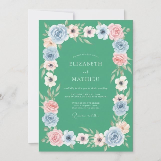 Invitación Boda de ranúnculo de eucalipto coral menta (Anverso)