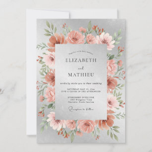 Invitación Boda de ranúnculo de eucalipto coral plateado