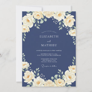 Invitación Boda de Ranúnculo de Eucalipto Crema Índigo