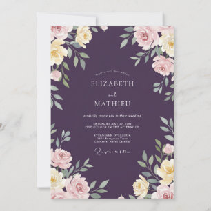 Invitación Boda de ranúnculo de eucalipto crema marfil ciruel