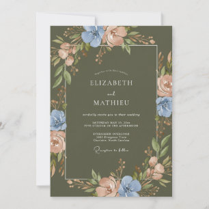 Invitación Boda de ranúnculo de eucalipto de aceituna periwin