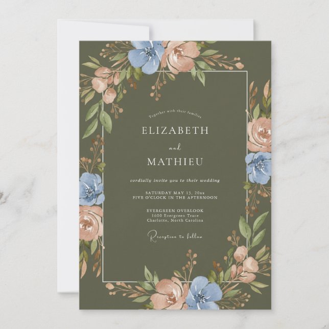 Invitación Boda de ranúnculo de eucalipto de aceituna periwin (Anverso)
