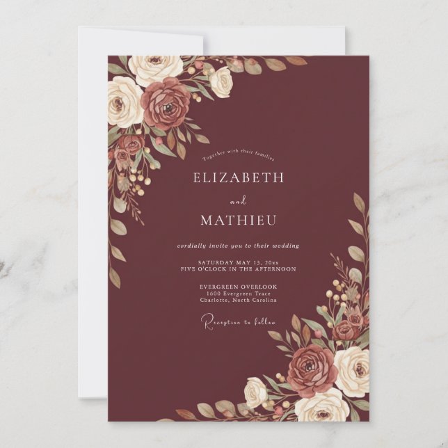 Invitación Boda de ranúnculo de eucalipto de Borgoña (Anverso)