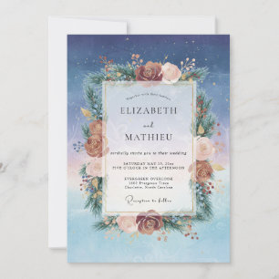 Invitación Boda de ranúnculo de eucalipto de Borgoña Índigo