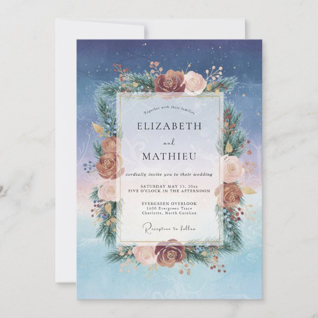Invitación Boda de ranúnculo de eucalipto de Borgoña Índigo (Anverso)