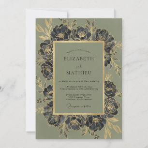 Invitación Boda de ranúnculo de eucalipto de carbón de oliva