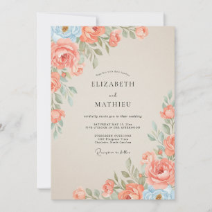 Invitación Boda de ranúnculo de eucalipto de cielo de coral