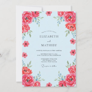 Invitación Boda de ranúnculo de eucalipto de cielo rojo