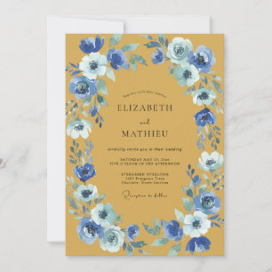 Invitación Boda de Ranúnculo de Eucalipto de Cobalto y Mostaz