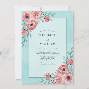 Invitación Boda de ranúnculo de eucalipto de coral acuático