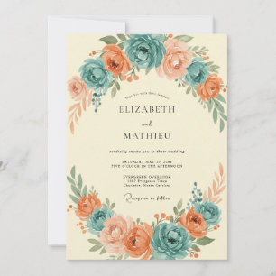 Invitación Boda de ranúnculo de eucalipto de coral cian