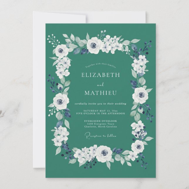 Invitación Boda de ranúnculo de eucalipto de mar profundo (Anverso)