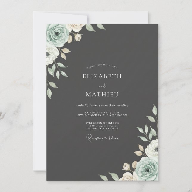 Invitación Boda de ranúnculo de eucalipto de menta de carbón (Anverso)