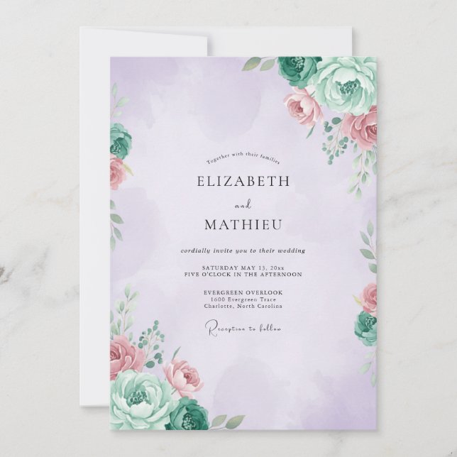 Invitación Boda de ranúnculo de eucalipto de menta malva (Anverso)